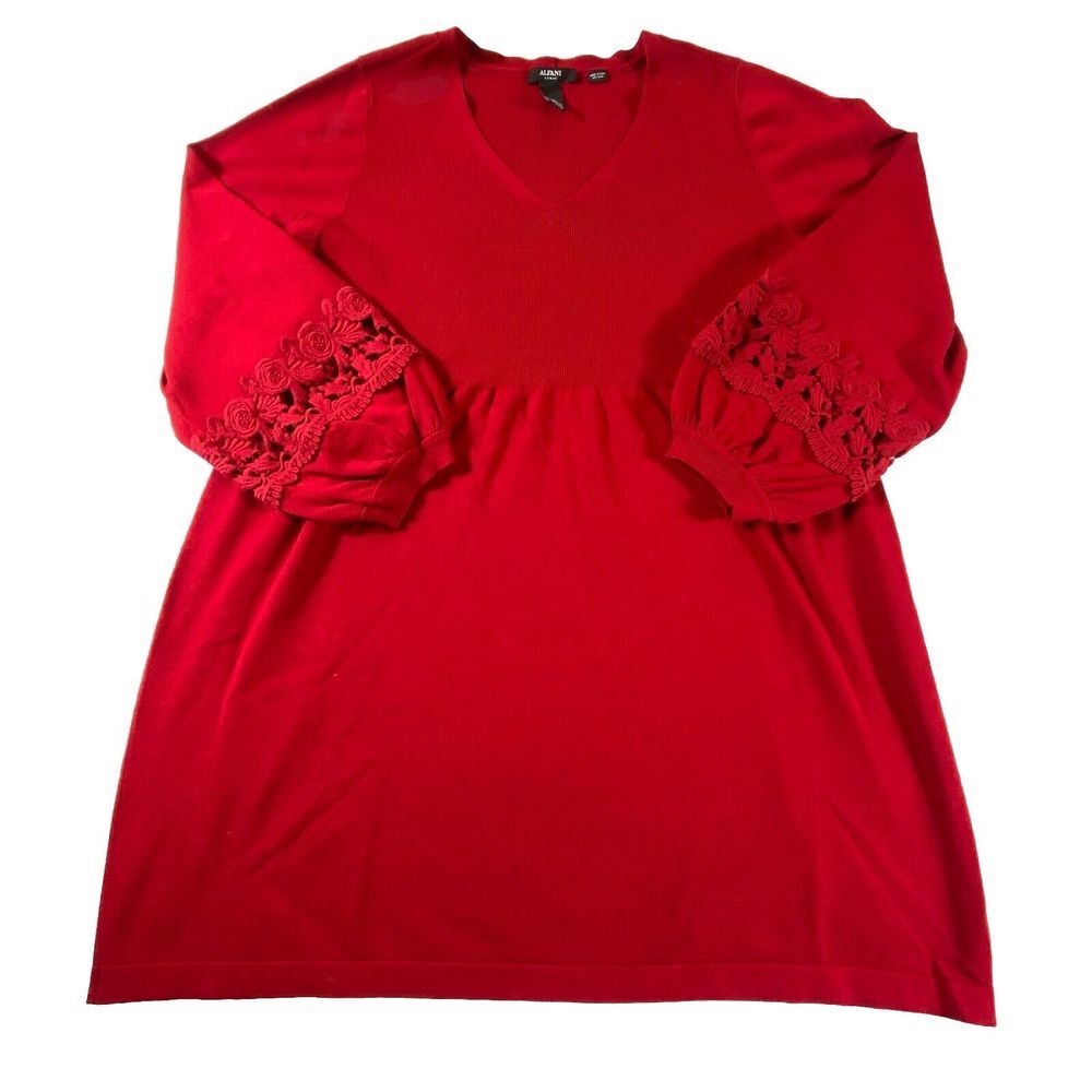 Women's Red Top Tunic 2X Peplum V-Neck Babydoll Puff Crocheted‎ Sleeves Holiday